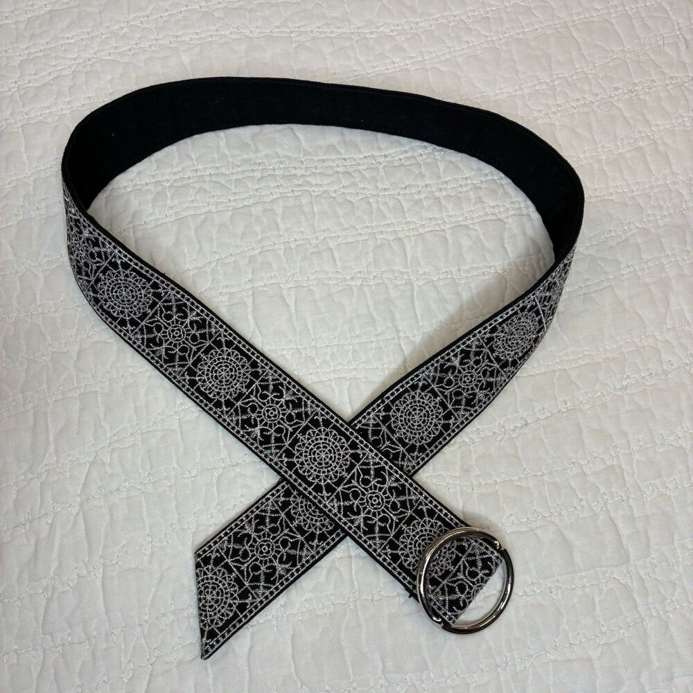 Talbots bohemian O-ring embroidered fabric belt black silver folk chic Sz S